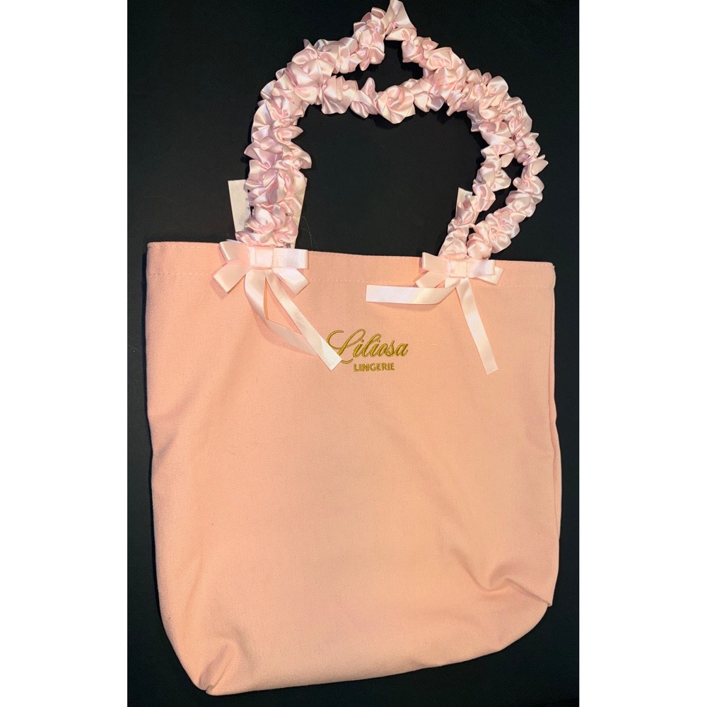 Liliosa Lingerie Pink Canvas Tote‎ Bag Ruffled Satin Handles Bows Gold Logo